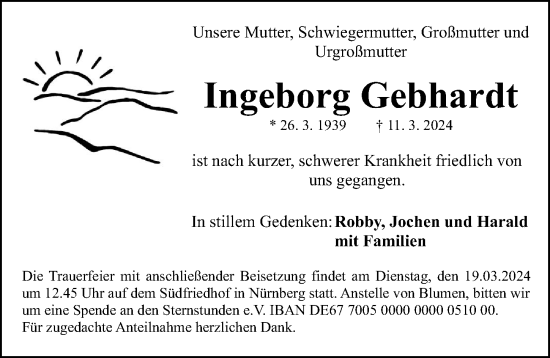 Traueranzeige von Ingeborg Gebhardt von Gesamtausgabe Nürnberger Nachrichten/ Nürnberger Ztg.