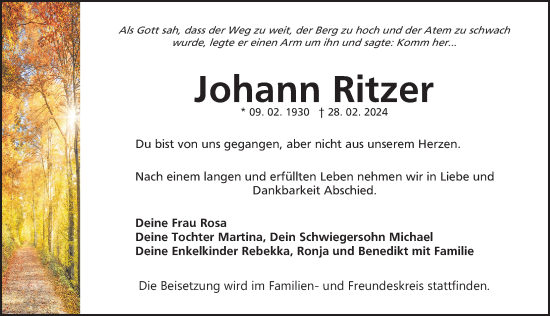 Traueranzeige von Johann Ritzer von Gesamtausgabe Nürnberger Nachrichten/ Nürnberger Ztg.