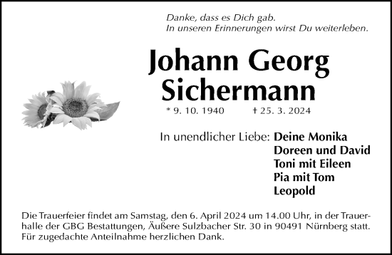 Traueranzeige von Johann Georg Sichermann von Gesamtausgabe Nürnberger Nachrichten/ Nürnberger Ztg.