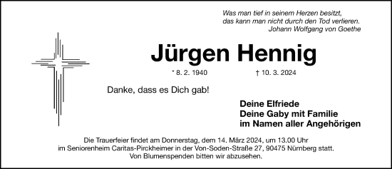 Traueranzeige von Jürgen Hennig von Gesamtausgabe Nürnberger Nachrichten/ Nürnberger Ztg.