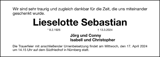 Traueranzeige von Lieselotte Sebastian von Gesamtausgabe Nürnberger Nachrichten/ Nürnberger Ztg.