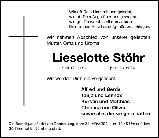 Traueranzeige von Lieselotte Stöhr von Gesamtausgabe Nürnberger Nachrichten/ Nürnberger Ztg.