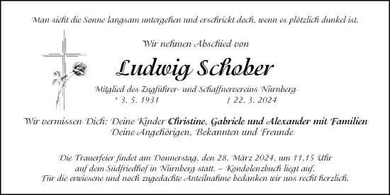 Traueranzeige von Ludwig Schober von Gesamtausgabe Nürnberger Nachrichten/ Nürnberger Ztg.