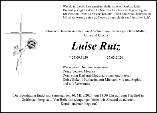 Traueranzeige von Luise Rutz von Altmühl-Bote Lokal