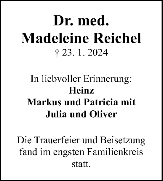 Traueranzeige von Madeleine Reichel von Gesamtausgabe Nürnberger Nachrichten/ Nürnberger Ztg.