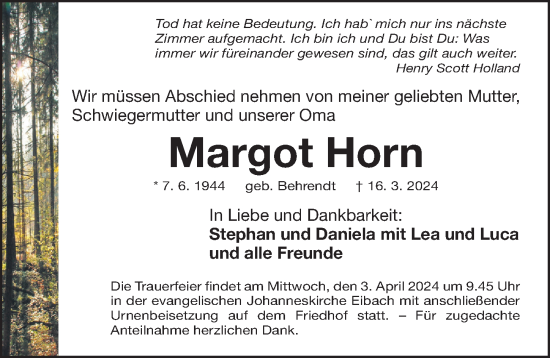 Traueranzeige von Margot Horn von Gesamtausgabe Nürnberger Nachrichten/ Nürnberger Ztg.