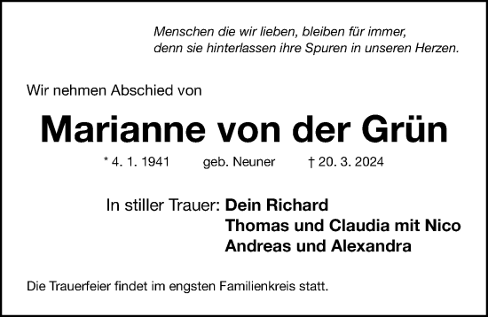 Traueranzeige von Marianne von der Grün von Gesamtausgabe Nürnberger Nachrichten/ Nürnberger Ztg.
