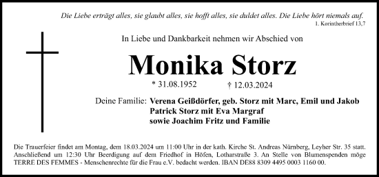 Traueranzeige von Monika Storz von Gesamtausgabe Nürnberger Nachrichten/ Nürnberger Ztg.