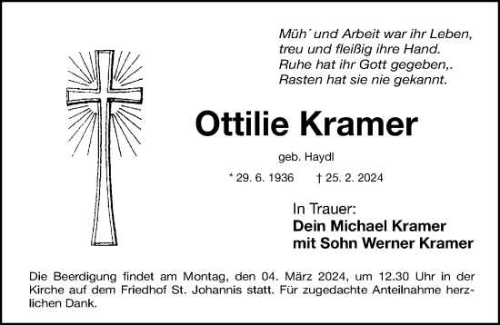 Traueranzeige von Ottilie Kramer von Gesamtausgabe Nürnberger Nachrichten/ Nürnberger Ztg.