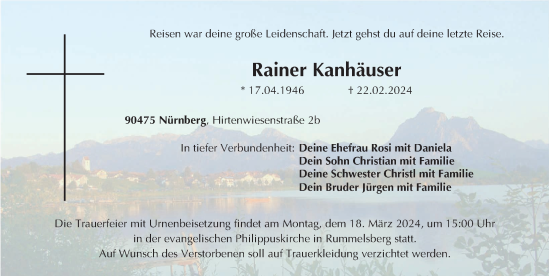 Traueranzeige von Rainer Kanhäuser von Gesamtausgabe Nürnberger Nachrichten/ Nürnberger Ztg.