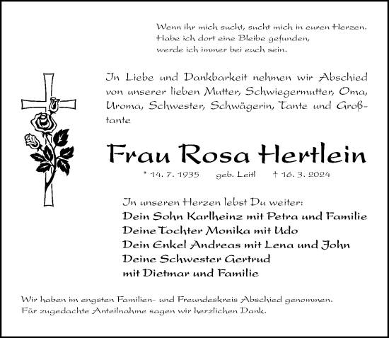 Traueranzeige von Rosa Hertlein von Gesamtausgabe Nürnberger Nachrichten/ Nürnberger Ztg.