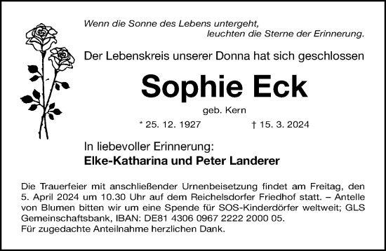 Traueranzeige von Sophie Eck von Gesamtausgabe Nürnberger Nachrichten/ Nürnberger Ztg.