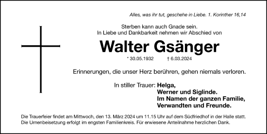 Traueranzeige von Walter Gsänger von Gesamtausgabe Nürnberger Nachrichten/ Nürnberger Ztg.