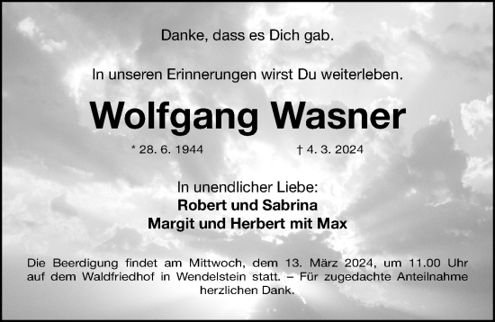 Traueranzeige von Wolfgang Wasner von Gesamtausgabe Nürnberger Nachrichten/ Nürnberger Ztg.