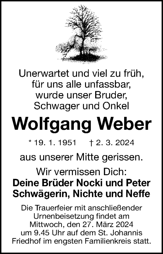 Traueranzeige von Wolfgang Weber von Gesamtausgabe Nürnberger Nachrichten/ Nürnberger Ztg.
