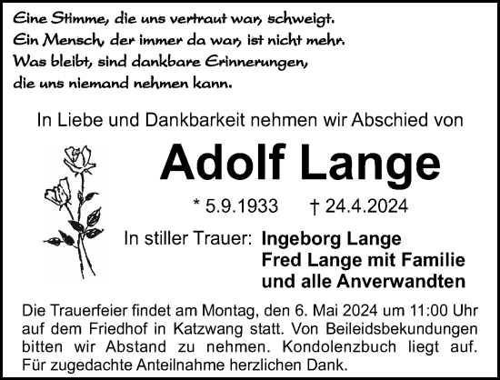 Traueranzeige von Adolf Lange von Gesamtausgabe Nürnberger Nachrichten/ Nürnberger Ztg.