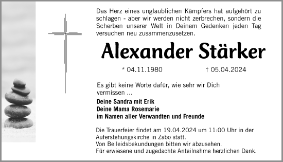 Traueranzeige von Alexander Stärker von Gesamtausgabe Nürnberger Nachrichten/ Nürnberger Ztg.