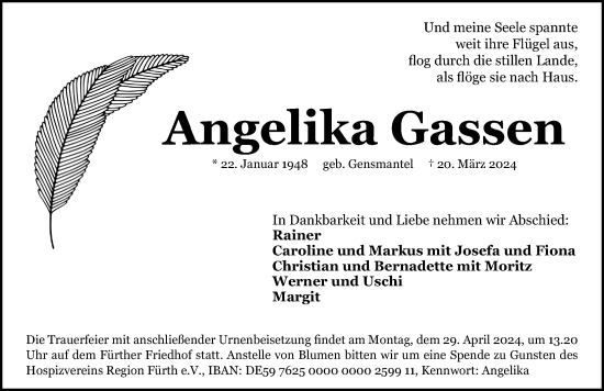 Traueranzeige von Angelika Gassen von Gesamtausgabe Nürnberger Nachrichten/ Nürnberger Ztg./ Fürther Nachrichten