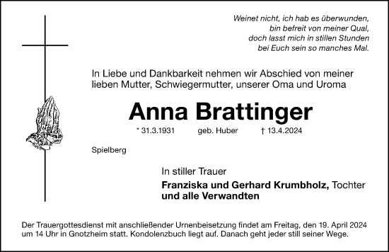 Traueranzeige von Anna Brattinger von Altmühl-Bote Lokal