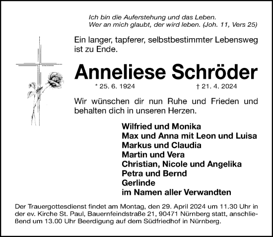 Traueranzeige von Anneliese Schröder von Gesamtausgabe Nürnberger Nachrichten/ Nürnberger Ztg.