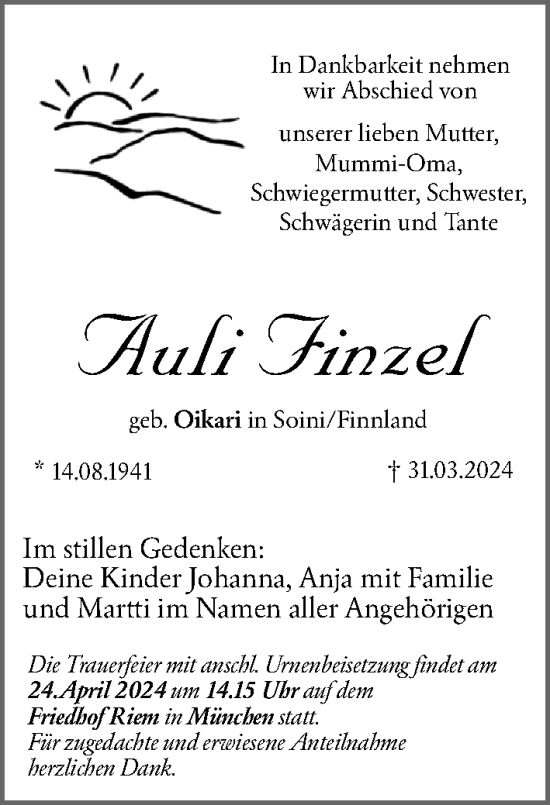 Traueranzeige von Auli Finzel von Gesamtausgabe Nürnberger Nachrichten/ Nürnberger Ztg.