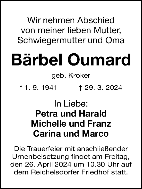 Traueranzeige von Bärbel Oumard von Gesamtausgabe Nürnberger Nachrichten/ Nürnberger Ztg.