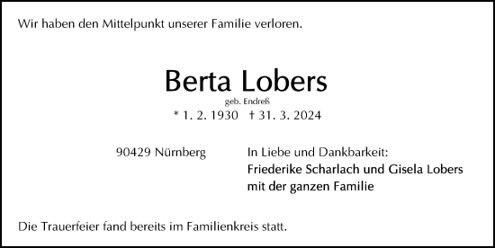 Traueranzeige von Berta Lobers von Gesamtausgabe Nürnberger Nachrichten/ Nürnberger Ztg.