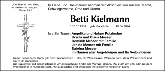 Traueranzeige von Betti Kielmann von Gesamtausgabe Nürnberger Nachrichten/ Nürnberger Ztg.