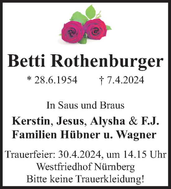 Traueranzeige von Betti Rothenburger von Gesamtausgabe Nürnberger Nachrichten/ Nürnberger Ztg.