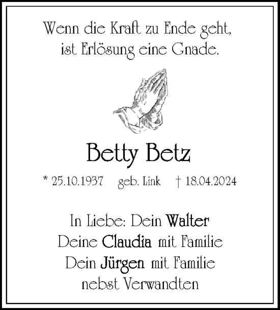 Traueranzeige von Betty Betz von Gesamtausgabe Nürnberger Nachrichten/ Nürnberger Ztg.