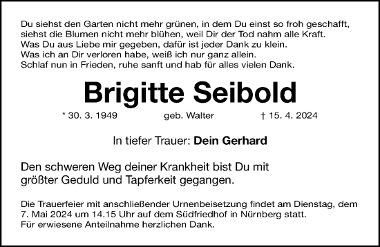 Traueranzeige von Brigitte Seibold von Gesamtausgabe Nürnberger Nachrichten/ Nürnberger Ztg.