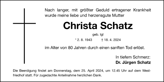 Traueranzeige von Christa Schatz von Gesamtausgabe Nürnberger Nachrichten/ Nürnberger Ztg.