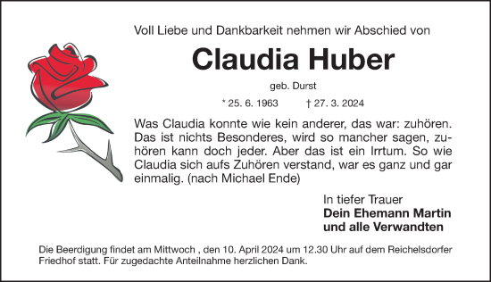 Traueranzeige von Claudia Huber von Gesamtausgabe Nürnberger Nachrichten/ Nürnberger Ztg.