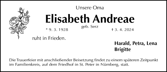 Traueranzeige von Elisabeth Andreae von Gesamtausgabe Nürnberger Nachrichten/ Nürnberger Ztg.