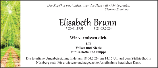 Traueranzeige von Elisabeth Brunn von Gesamtausgabe Nürnberger Nachrichten/ Nürnberger Ztg.