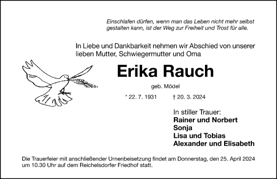 Traueranzeige von Erika Rauch von Gesamtausgabe Nürnberger Nachrichten/ Nürnberger Ztg.