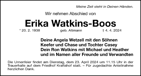 Traueranzeige von Erika Watkins-Boos von Gesamtausgabe Nürnberger Nachrichten/ Nürnberger Ztg.