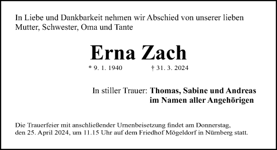 Traueranzeige von Erna Zach von Gesamtausgabe Nürnberger Nachrichten/ Nürnberger Ztg.