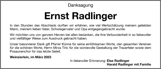 Traueranzeige von Ernst Radlinger von Fürther Nachrichten Lokal