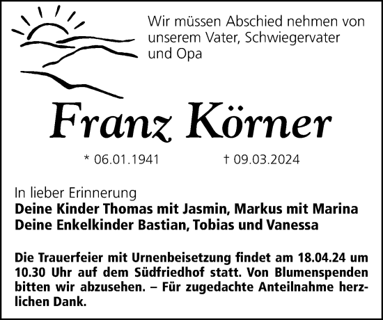 Traueranzeige von Franz Körner von Gesamtausgabe Nürnberger Nachrichten/ Nürnberger Ztg.