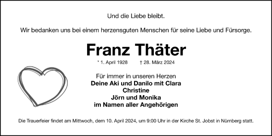 Traueranzeige von Franz Thäter von Gesamtausgabe Nürnberger Nachrichten/ Nürnberger Ztg.