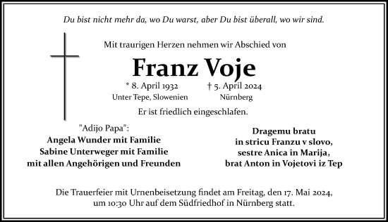 Traueranzeige von Franz Voje von Gesamtausgabe Nürnberger Nachrichten/ Nürnberger Ztg.