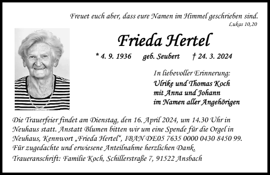 Traueranzeige von Frieda Hertel von Gesamtausgabe Nürnberger Nachrichten/ Nürnberger Ztg.