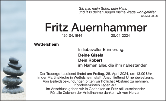 Traueranzeige von Fritz Auernhammer von Weißenburger Tagblatt u.Treuchtlinger Kurier Lokal