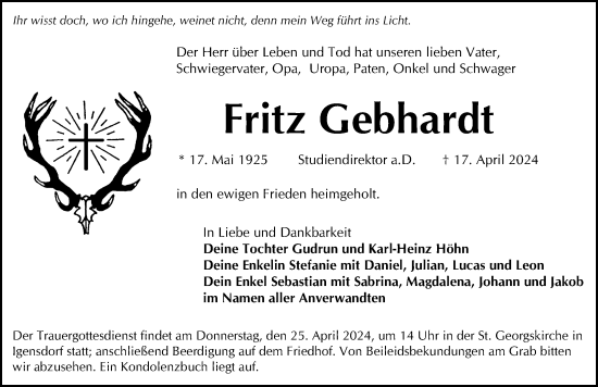 Traueranzeige von Fritz Gebhardt von Gesamtausgabe Nürnberger Nachrichten/ Nürnberger Ztg.