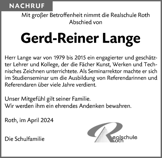 Traueranzeige von Gerd-Reiner Lange von Roth-Hilpoltsteiner Volkszeitung Lokal