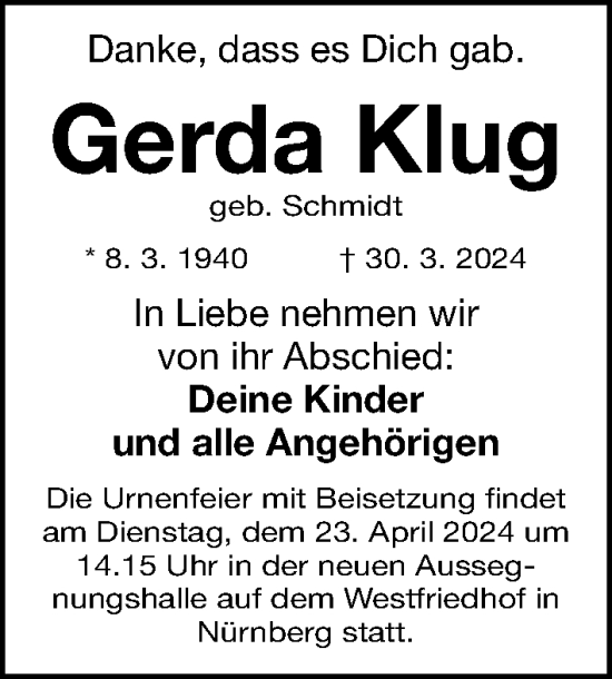 Traueranzeige von Gerda Klug von Gesamtausgabe Nürnberger Nachrichten/ Nürnberger Ztg.