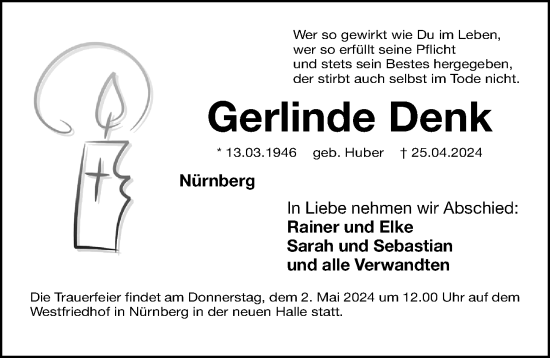 Traueranzeige von Gerlinde Denk von Gesamtausgabe Nürnberger Nachrichten/ Nürnberger Ztg.