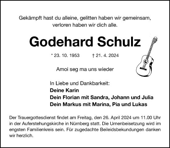 Traueranzeige von Godehard Schulz von Gesamtausgabe Nürnberger Nachrichten/ Nürnberger Ztg.