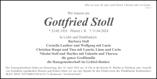 Traueranzeige von Gottfried Stoll von Gesamtausgabe Nürnberger Nachrichten/ Nürnberger Ztg.